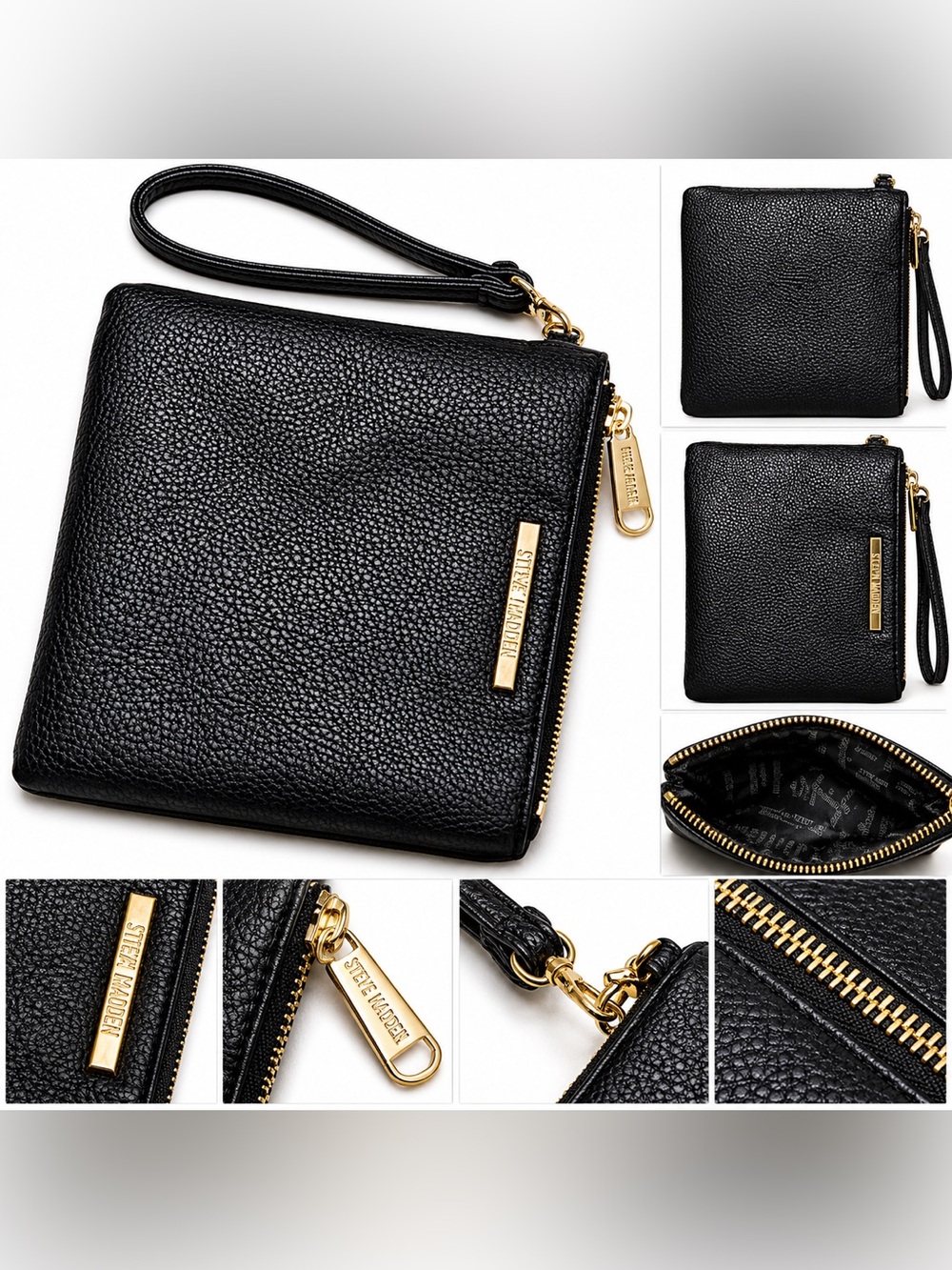 Steve Madden Black Pebbled Wristlet with Gold Hardware Accent - Picture 1 of 7